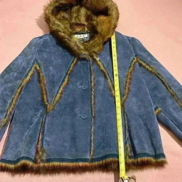 The LOOK Randolph Duke Womens Suede & Faux Fur Blue Fox Jacket Hood Size Large - Picture 6 of 16